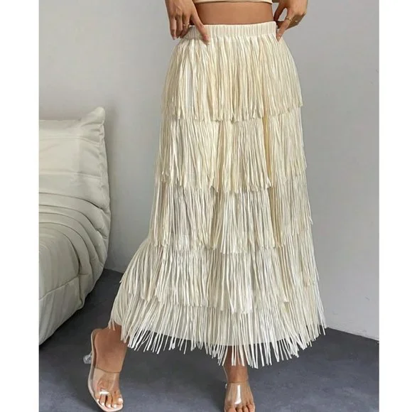 High Waist Fringe Trim Skirt Cream - Picture 2 of 5